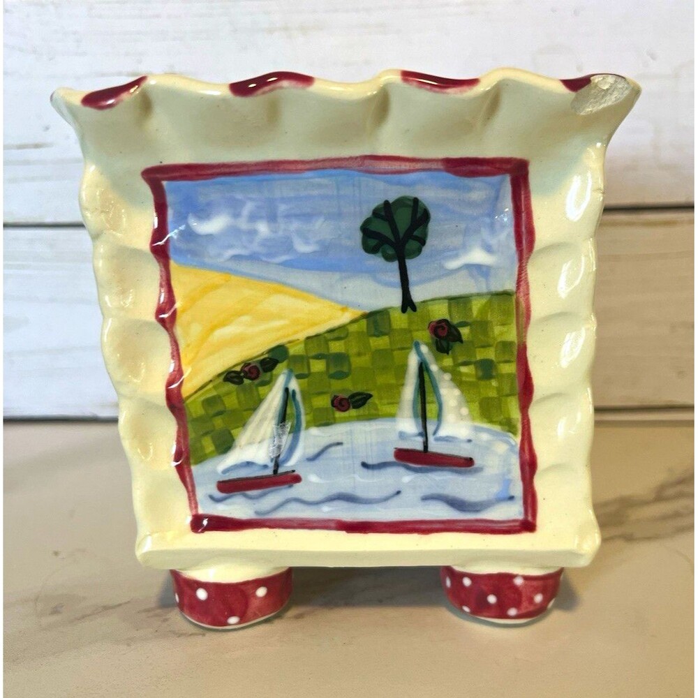 Heather Love Hand Painted Ceramic Planter Vibrant Floral & Nautical Scene 4.75”h